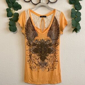 Vintage Y2K Grunge Mall-Goth Angels & Diamonds Studded Wings Rhinestone Top✨